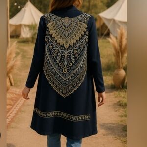 Soft Surroundings Navy Blue Embroidered Women's Sweater Cardigan